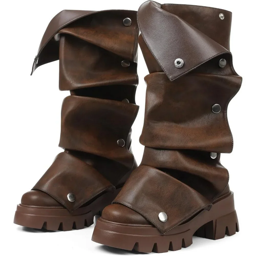 Women's Brown Pu Fold Over Knee Slouchy Ruched Stacked Heel Round Toe Boots